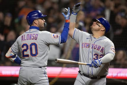 Apr 21, 2023; San Francisco, California, USA; New York Mets first baseman Pete Alonso (20) celebrates with designated hitter Daniel Vogelbach (32) after hitting a two-run home run against the San Francisco Giants during the fifth inning at Oracle Park. Mandatory Credit: D. Ross Cameron-USA TODAY Sports