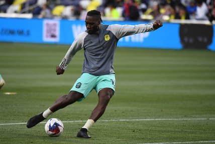 Apr 22, 2023; Nashville, Tennessee, USA; Nashville SC forward C.J. Sapong (17) warms up before a match against the Los Angeles FC at Geodis Park. Mandatory Credit: Christopher Hanewinckel-USA TODAY Sports