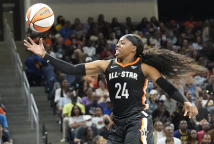 Jul 10, 2022; Chicago, Ill, USA; Team Stewart guard Arike Ogunbowale chases the ball during the first half in a WNBA All Star Game at Wintrust Arena. Mandatory Credit: David Banks-USA TODAY Sports