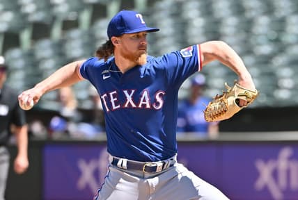 May 13, 2023; Oakland, California, USA; Texas Rangers starting pitcher Jon Gray (22) throws a pitch against the Oakland Athletics during the seventh inning at Oakland-Alameda County Coliseum. Mandatory Credit: Robert Edwards-USA TODAY Sports