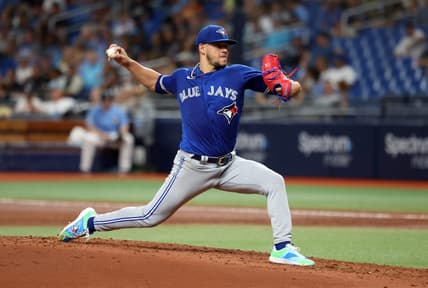 May 23, 2023; St. Petersburg, Florida, USA; Toronto Blue Jays starting pitcher Jose Berrios (17) throws a pitch against the Tampa Bay Rays during the second inning at Tropicana Field. Mandatory Credit: Kim Klement-USA TODAY Sports