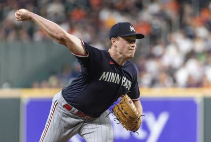 May 31, 2023; Houston, Texas, USA;  Minnesota Twins starting pitcher Louie Varland (37) pitches against the Houston Astros in the second inning at Minute Maid Park. Mandatory Credit: Thomas Shea-USA TODAY Sports