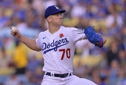 May 29, 2023; Los Angeles, California, USA;  Los Angeles Dodgers starting pitcher Bobby Miller (70) throws to the plate in the first inning against the Washington Nationals at Dodger Stadium. Mandatory Credit: Jayne Kamin-Oncea-USA TODAY Sports