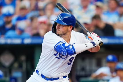 May 6, 2023; Kansas City, Missouri, USA; Kansas City Royals first baseman Vinnie Pasquantino (9) bats during the first inning against the Oakland Athletics at Kauffman Stadium. Mandatory Credit: Jay Biggerstaff-USA TODAY Sports