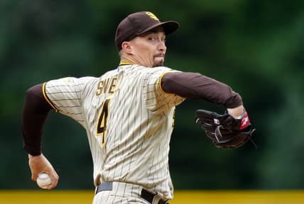 Jun 11, 2023; Denver, Colorado, USA; San Diego Padres starting pitcher Blake Snell (4) delivers a pitch in the first inning against the Colorado Rockies at Coors Field. Mandatory Credit: Ron Chenoy-USA TODAY Sports