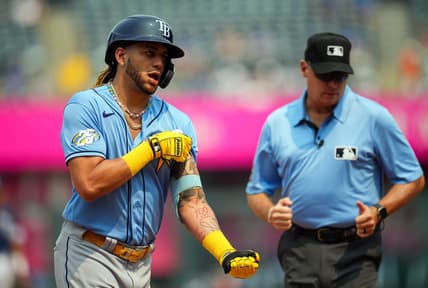 Jul 15, 2023; Kansas City, Missouri, USA; Tampa Bay Rays center fielder Jose Siri (22) celebrates after hitting a home run during the ninth inning against the Kansas City Royals at Kauffman Stadium. Mandatory Credit: Jay Biggerstaff-USA TODAY Sports