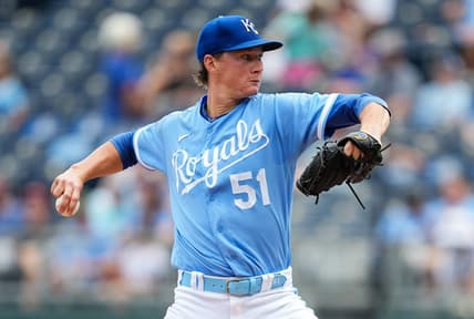 Aug 3, 2023; Kansas City, Missouri, USA; Kansas City Royals starting pitcher Brady Singer (51) pitches against the New York Mets during the sixth inning at Kauffman Stadium. Mandatory Credit: Jay Biggerstaff-USA TODAY Sports
