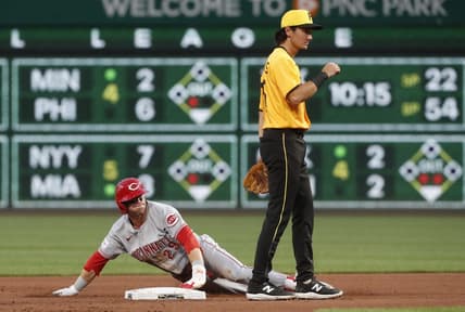 Aug 11, 2023; Pittsburgh, Pennsylvania, USA; Cincinnati Reds center fielder TJ Friedl (29) steals second base without drawing a throw from the Pittsburgh Pirates during the fourth inning at PNC Park. Mandatory Credit: Charles LeClaire-USA TODAY Sports