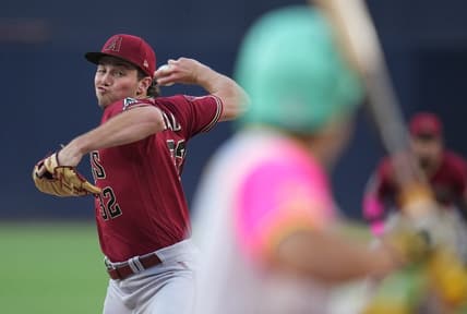 Aug 18, 2023; San Diego, California, USA; Arizona Diamondbacks starting pitcher Brandon Pfaadt (32) throws a pitch against the San Diego Padres during the first inning at Petco Park. Mandatory Credit: Ray Acevedo-USA TODAY Sports