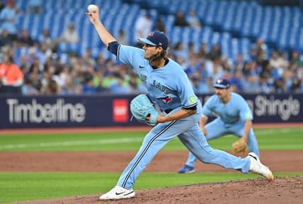 Aug 28, 2023; Toronto, Ontario, CAN;  Toronto Blue Jays starting pitcher Kevin Gausman (34) delivers a pitch against the Washington National in the second inning at Rogers Centre. Mandatory Credit: Dan Hamilton-USA TODAY Sports