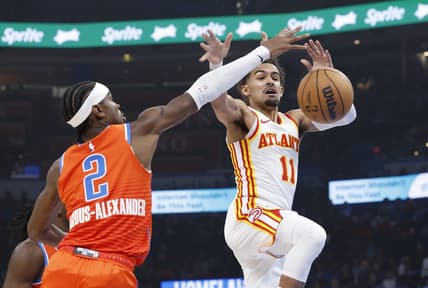 Nov 6, 2023; Oklahoma City, Oklahoma, USA; Oklahoma City Thunder guard Shai Gilgeous-Alexander (2) defends Atlanta Hawks guard Trae Young (11) as he looses control of the ball during the first quarter at Paycom Center. Mandatory Credit: Alonzo Adams-USA TODAY Sports