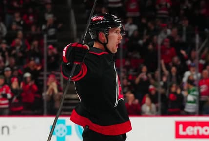 Feb 8, 2024; Raleigh, North Carolina, USA; Carolina Hurricanes center Martin Necas (88) scores a goal against the Colorado Avalanche during the first period at PNC Arena. Mandatory Credit: James Guillory-USA TODAY Sports