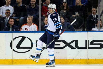 Mar 19, 2024; New York, New York, USA; Winnipeg Jets center Mark Scheifele (55) celebrates his second goal of the night against the New York Rangers during the second period at Madison Square Garden. Mandatory Credit: Danny Wild-USA TODAY Sports