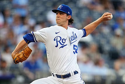 Jul 11, 2022; Kansas City, Missouri, USA; Kansas City Royals starting pitcher Daniel Lynch (52) pitches against the Detroit Tigers during the first inning at Kauffman Stadium. Mandatory Credit: Jay Biggerstaff-USA TODAY Sports