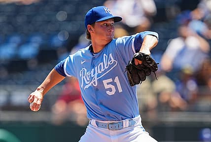 Jul 13, 2022; Kansas City, Missouri, USA; Kansas City Royals starting pitcher Brady Singer (51) pitches against the Detroit Tigers during the first inning at Kauffman Stadium. Mandatory Credit: Jay Biggerstaff-USA TODAY Sports