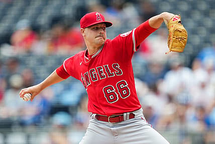 Jul 27, 2022; Kansas City, Missouri, USA; Los Angeles Angels starting pitcher Janson Junk (66) pitches against the Kansas City Royals during the first inning at Kauffman Stadium. Mandatory Credit: Jay Biggerstaff-USA TODAY Sports