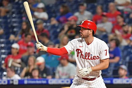 May 22, 2021; Philadelphia, Pennsylvania, USA; Philadelphia Phillies right fielder Matt Joyce (7) at bat against the Boston Red Sox at Citizens Bank Park. Mandatory Credit: Eric Hartline-USA TODAY Sports