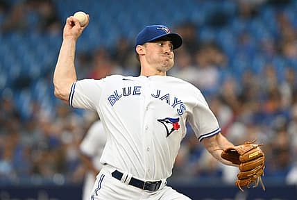 Jul 13, 2022; Toronto, Ontario, CAN; Toronto Blue Jays starting pitcher Ross Stripling (48) throws a pitch against the Philadelphia Phillies in the first inning at Rogers Centre. Mandatory Credit: Dan Hamilton-USA TODAY Sports