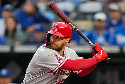 Jul 25, 2022; Kansas City, Missouri, USA; Los Angeles Angels first baseman Jared Walsh (20) bats against the Kansas City Royals during the first inning at Kauffman Stadium. Mandatory Credit: Jay Biggerstaff-USA TODAY Sports