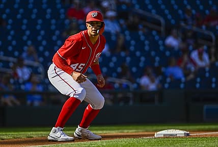 Sep 1, 2022; Washington, District of Columbia, USA; Washington Nationals right fielder Joey Meneses (45) prepares to run against the Oakland Athletics during the first inning at Nationals Park. Mandatory Credit: Brad Mills-USA TODAY Sports