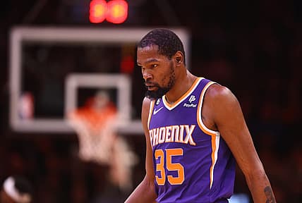 Mar 29, 2023; Phoenix, Arizona, USA; Phoenix Suns forward Kevin Durant (35) against the Minnesota Timberwolves in the first half at Footprint Center. Mandatory Credit: Mark J. Rebilas-USA TODAY Sports