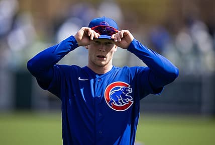 Feb 26, 2023; Phoenix, Arizona, USA; Chicago Cubs outfielder Pete Crow-Armstrong against the Los Angeles Dodgers during a spring training game at Camelback Ranch-Glendale. Mandatory Credit: Mark J. Rebilas-USA TODAY Sports