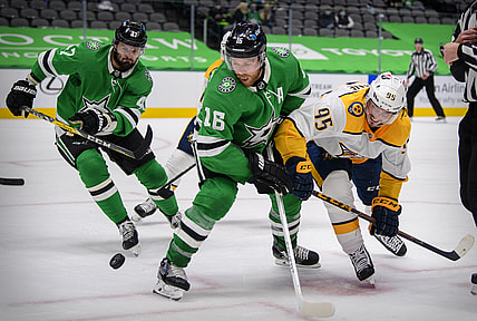 Jan 24, 2021; Dallas, Texas, USA; Dallas Stars center Joe Pavelski (16) and right wing Alexander Radulov (47) and Nashville Predators center Matt Duchene (95) in action during the game between the Dallas Stars and the Nashville Predators at the American Airlines Center. Mandatory Credit: Jerome Miron-USA TODAY Sports