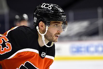 Feb 24, 2021; Philadelphia, Pennsylvania, USA; Philadelphia Flyers defenseman Shayne Gostisbehere (53) against the New York Rangers during the first period at Wells Fargo Center. Mandatory Credit: Eric Hartline-USA TODAY Sports