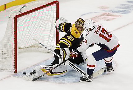 Mar 3, 2021; Boston, Massachusetts, USA; Washington Capitals left wing Jakub Vrana (13) scores past Boston Bruins goaltender Tuukka Rask (40) during a shootout at TD Garden. Mandatory Credit: Winslow Townson-USA TODAY Sports
