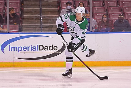 May 3, 2021; Sunrise, Florida, USA; Dallas Stars left wing Joel Kiviranta (25) passes the puck against the Florida Panthers during the first period at BB&T Center. Mandatory Credit: Jasen Vinlove-USA TODAY Sports