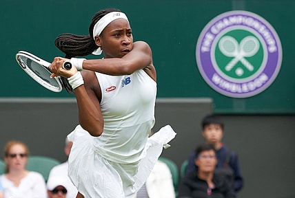 Jul 5, 2021; London, United Kingdom;  Coco Gauff (USA) seen playing Angelique Kerber (GER) on the Centre court in the ladies fourth round at All England Lawn Tennis and Croquet Club. Mandatory Credit: Peter van den Berg-USA TODAY Sports