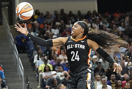 Jul 10, 2022; Chicago, Ill, USA; Team Stewart guard Arike Ogunbowale chases the ball during the first half in a WNBA All Star Game at Wintrust Arena. Mandatory Credit: David Banks-USA TODAY Sports