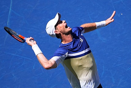 Aug 31, 2022; Flushing, NY, USA;  Andy Murray of Great Britain hits to Emelio Nava of the USA on day three of the 2022 U.S. Open tennis tournament at USTA Billie Jean King National Tennis Center. Mandatory Credit: Robert Deutsch-USA TODAY Sports