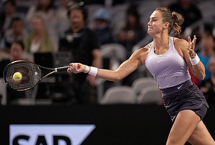 Nov 4, 2022; Forth Worth, TX, USA; Aryna Sabalenka returns a shot during her match against Jessica Pegula (USA) on day five of the WTA Finals at Dickies Arena. Mandatory Credit: Susan Mullane-USA TODAY Sports