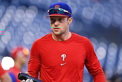 Nov 1, 2022; Philadelphia, PA, USA; Philadelphia Phillies first baseman Rhys Hoskins (17) warms up before game three of the 2022 World Series against the Houston Astros at Citizens Bank Park. Mandatory Credit: Kyle Ross-USA TODAY Sports