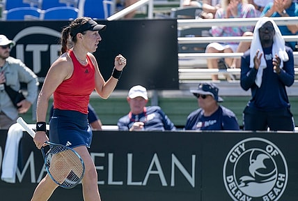 Apr 15, 2023; Delray Beach, FL, USA; Jessica Pegula (USA) celebrates winning her match against Julia Grabher (AUT) in the Billie Jean King Cup tie against Austria at Delray Beach Tennis Center. Mandatory Credit: Susan Mullane-USA TODAY Sports