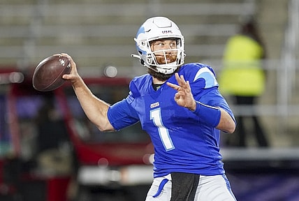 Apr 16, 2023; Birmingham, AL, USA; New Orleans Breakers quarterback McLeod Bethel-Thompson (1) looks to pass against the Pittsburgh Maulers during the second half at Protective Stadium. Mandatory Credit: Marvin Gentry-USA TODAY Sports