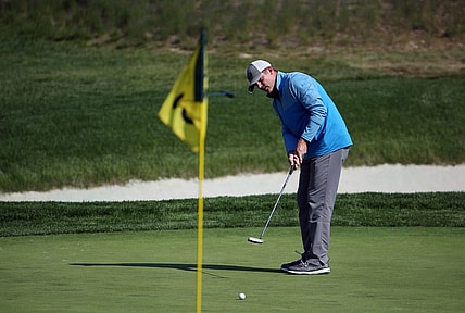 May 17, 2019; Bethpage, NY, USA; Shaun Micheel putts on the sixth green during the second round of the PGA Championship golf tournament at Bethpage State Park - Black Course. Mandatory Credit: Peter Casey-USA TODAY Sports