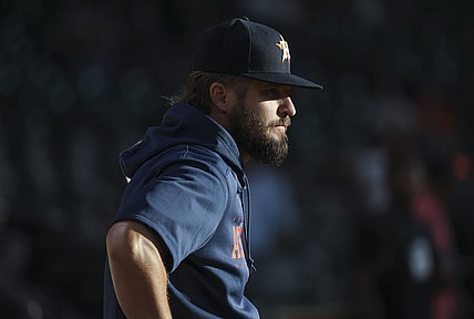 Aug 1, 2023; Houston, Texas, USA; Houston Astros relief pitcher Kendall Graveman (31) stands on the field before the game against the Cleveland Guardians at Minute Maid Park. Mandatory Credit: Troy Taormina-USA TODAY Sports