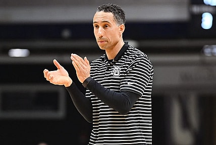 Feb 13, 2024; Indianapolis, Indiana, USA; Marquette Golden Eagles head coach Shaka Smart celebrates after a play against the Butler Bulldogs during the second half at Hinkle Fieldhouse. Mandatory Credit: Robert Goddin-USA TODAY Sports