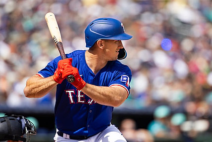 Mar 18, 2024; Surprise, Arizona, USA; Texas Rangers outfielder Wyatt Langford against the Seattle Mariners during a spring training baseball game at Surprise Stadium. Mandatory Credit: Mark J. Rebilas-USA TODAY Sports