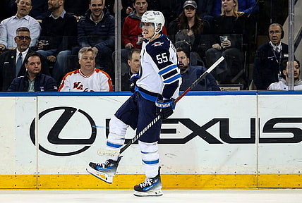 Mar 19, 2024; New York, New York, USA; Winnipeg Jets center Mark Scheifele (55) celebrates his second goal of the night against the New York Rangers during the second period at Madison Square Garden. Mandatory Credit: Danny Wild-USA TODAY Sports