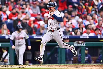 Mar 30, 2024; Philadelphia, Pennsylvania, USA; Atlanta Braves outfielder Jarred Kelenic (24) scores against the Philadelphia Phillies in the sixth inning at Citizens Bank Park. Mandatory Credit: Kyle Ross-USA TODAY Sports