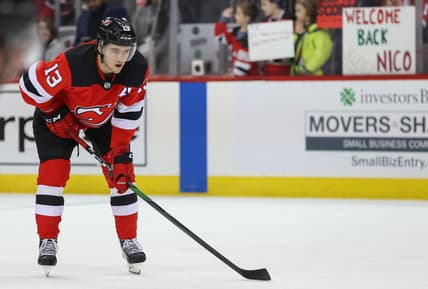 Feb 16, 2020; Newark, New Jersey, USA; New Jersey Devils center Nico Hischier (13) looks on during warmups before the start of their game against the Columbus Blue Jackets at Prudential Center. Mandatory Credit: Ed Mulholland-USA TODAY Sports