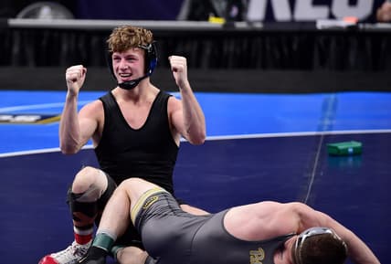 Mar 20, 2021; St. Louis, Missouri, USA;  Stanford Cardinal wrestler Shane Griffith celebrates after defeating Pittsburgh Panthers wrestler Jake Wentzel in the championship match of the 165 weight class during the finals of the NCAA Division I Wrestling Championships at Enterprise Center. Mandatory Credit: Jeff Curry-USA TODAY Sports