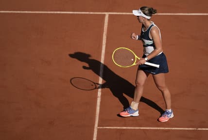 Jun 10, 2021; Paris, France; Barbora Krejcikova (CZE) reacts during her semifinal match against Maria Sakkari (GRE) on day 12 of the French Open at Stade Roland Garros. Mandatory Credit: Susan Mullane-USA TODAY Sports