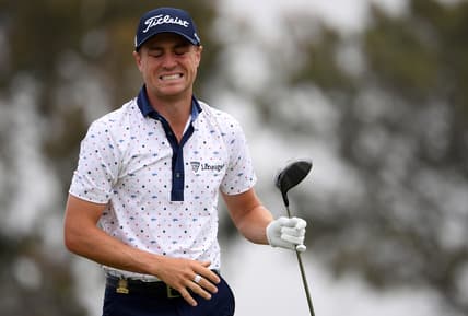 Jun 20, 2021; San Diego, California, USA; Justin Thomas reacts to his shot from the second tee during the final round of the U.S. Open golf tournament at Torrey Pines Golf Course. Mandatory Credit: Orlando Ramirez-USA TODAY Sports