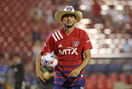 Jul 24, 2021; Frisco, Texas, USA;  FC Dallas forward Ricardo Pepi (16) walks off the pitch wearing a cowboy hat after the match against the Los Angeles Galaxy at Toyota Stadium. Mandatory Credit: Kevin Jairaj-USA TODAY Sports