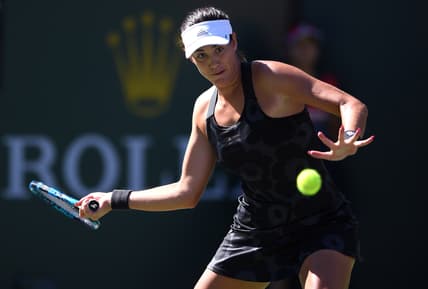 Oct 9, 2021; Indian Wells, CA, USA; Garbine Muguruza (ESP) hits a shot against Ajla Tomljanovic (AUS) at Indian Wells Tennis Garden. Mandatory Credit: Orlando Ramirez-USA TODAY Sports