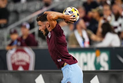 Sep 25, 2021; Commerce City, Colorado, USA; Colorado Rapids defender Keegan Rosenberry (2) looks to inbound the ball during the second half against Toronto FC at Dick's Sporting Goods Park. Mandatory Credit: Ron Chenoy-USA TODAY Sports